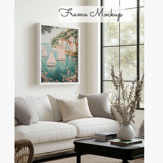 wall art print mockup in white frame living room setting