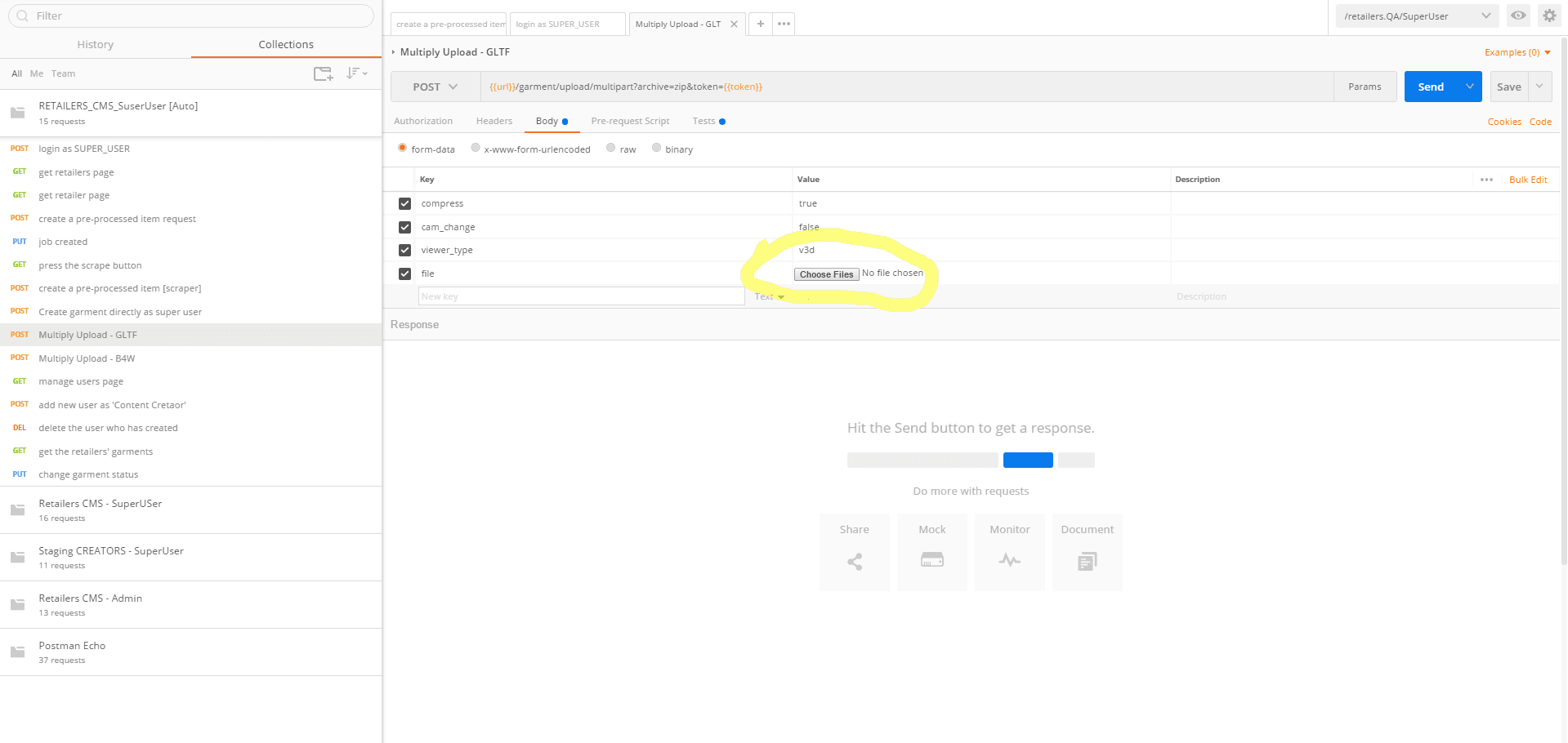 Postman API request interface showing a POST request with image upload
