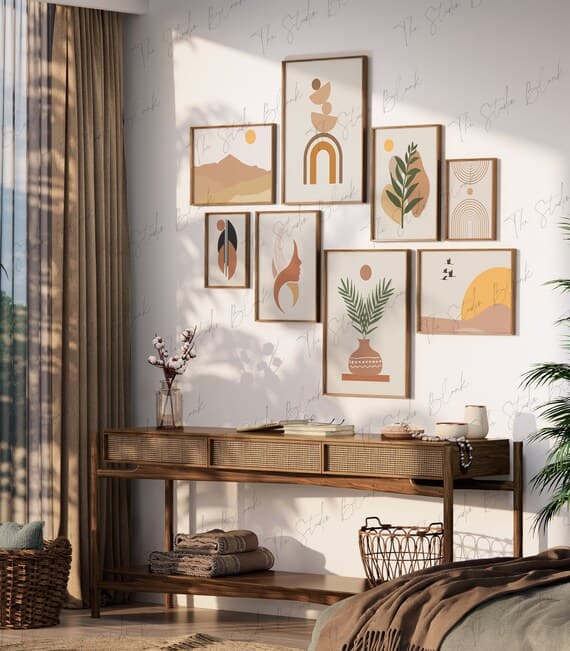 abstract print gallery wall styled bedroom mockup