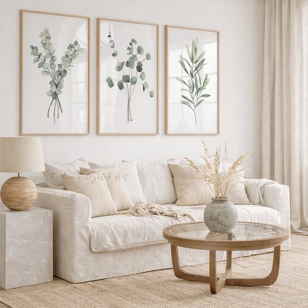 minimalist Scandinavian living room white walls light wood art print