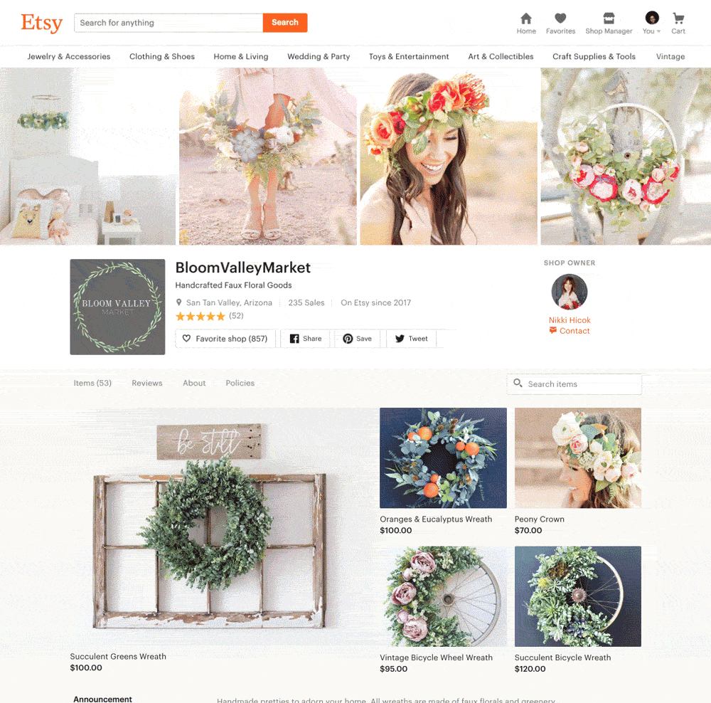 Etsy shop listings page consistent aesthetic grid view