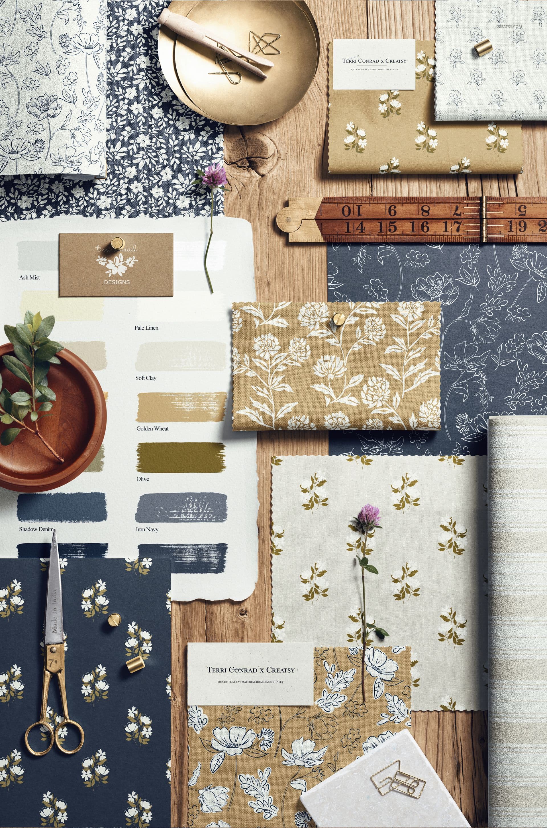 mood board flat lay with Pantone swatches and art prints