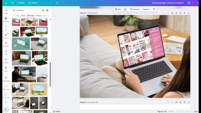 Etsy seller creating product mockups on laptop